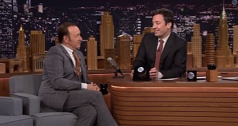 Kevin Spacey and Jimmy Fallon get ready to play Wheel of Impressions on The Tonight Show