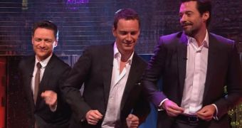James McAvoy, Michael Fassbender, and Hugh Jackman bust a move to promote second “X-Men” film