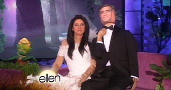 Ellen DeGeneres dressed up as Amal Alamuddin and George Clooney on their wedding day for her Halloween show