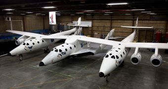 This image shows SpaceShipTwo attached underneath the WhiteKnightTwo spacecraft carrier