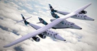 Artistic impression of the WhiteKnightTwo while carrying SpaceShipTwo high into the Earth's atmosphere