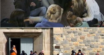 1 - Students in grief after the shooting. 2 - Wounded students beying carried out of the building