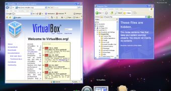 VirtualBox for Mac OS X - one virtual machine is running in seamless mode on Leopard