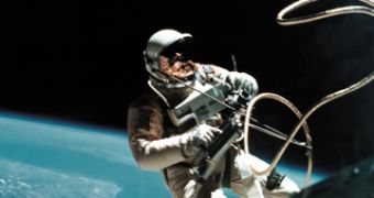 American astronaut Ed White performing the first extra-vehicular activity in 1965