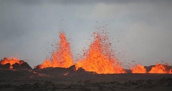 Photo shows lava flow coming out of the ground