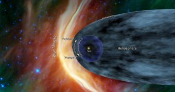 Artist's concept showing NASA's two Voyager spacecraft exploring a turbulent region of space known as the heliosheath, the outer shell of the bubble of charged particles around our Sun