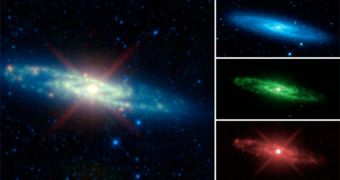 The Sculptor galaxy is shown in different infrared hues, in this new mosaic from NASA's Wide-field Infrared Survey Explorer