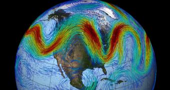 The meandering jet stream that affects North America and Europe