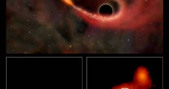 A supermassive black hole gorging on nearby cosmic objects. Top: artist's depiction; bottom: an X-ray and an optical survey of the region