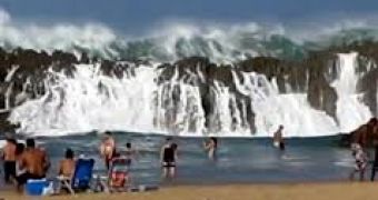 Tourists in Puerto Rico bathe in enclosed pool, waves hit