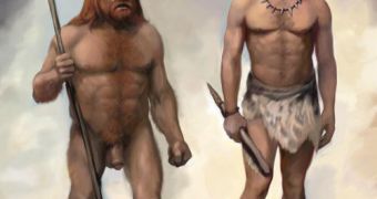 Reconstruction of Neanderthal (left), compared to modern human
