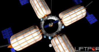 A rendition of the LiftPort Group lunar space elevator concept