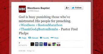 The Westboro Baptist Church notes that the Boston Marathon bombings are God's way of punishing us