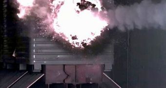 The outcome of a projectile being fired from a railgun with 10 megajoules of power