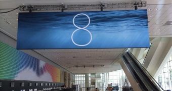 iOS 8 banner at WWDC (Moscone West, San Francisco)