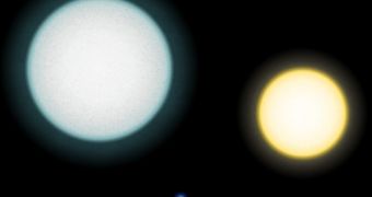 Image showing the relative size of white dwarf IK Pegasi B compared to the Sun (right) and companion star IK Pegasi A
