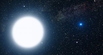 Artistic impression of the brightest star on the night sky, Sirius A and its smaller companion Sirius B