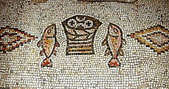 6th century mosaic in the church of Tabgha, Israel, depicting the episode of the bread and fish multiplied by Jesus for feeding 5,000 followers