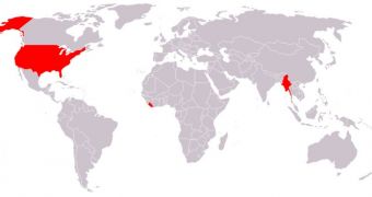 Map of countries without the metric system: US, Liberia, Myanmar