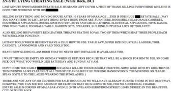 Wife Advertises “Lying Cheating Sale” on Craigslist to Get Back at Husband