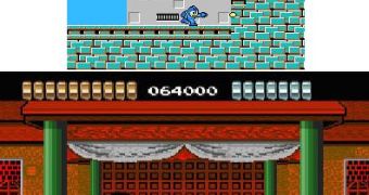 Gameplay screenshots of the two games, displayed in the same order as in the text (as is Mega Man could be mistaken for the picture below...)