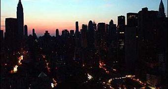 New York City, illuminated only by car lights during Thursday's blackout.