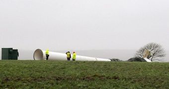Wind turbine falls to the ground after being hit by hurricane-like forces
