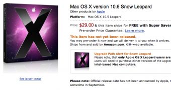 A screenshot of the Amazon.com web page where Snow Leopard is listed as available for pre-order