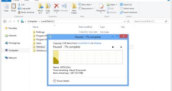 The new File Explorer shows file copying progress
