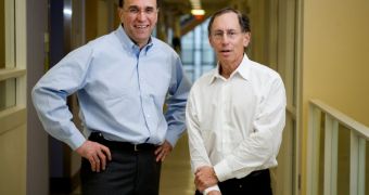 Professors Robert Langer, right, and Michael Cima pose for a portrait outside their labs at the David H. Koch Institute for Integrative Cancer Research