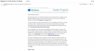 Email sent to Windows insiders last week
