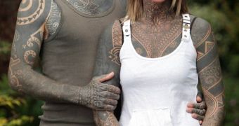 Jacqui Moore and current boyfriend Curly: he did the tattoo that’s now covering her entire body