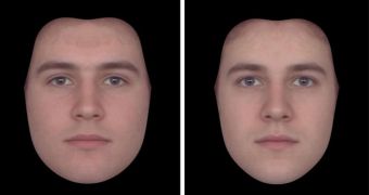 Rendering of male faces, displaying either low-testosterone, high-cortisol levels (left), or low-testosterone, low-cortisol levels
