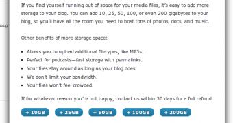 The paid storage upgrades available to WordPress.com users