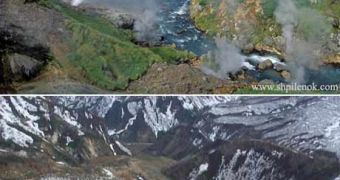 The Valley of the Geysers before (top) and after (below) the landslide