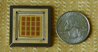 The glass microchip on the left measures 3 centimeters across - more than the diameter of a quarter on the right - and is divided into sixteen 2.5 millimeter by 2.5 millimeter nanosoccer playing fields.