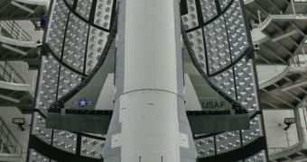 Image showing the X-37B in its payload fairing atop an Atlas 5 rocket, ahead of its April 22 launch