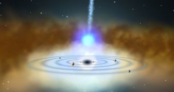NGC 4151's black hole system to scale with the solar system. The mysterious X-ray source (blue sphere, center) is located above the supermassive black hole, whose position corresponds to the Sun's