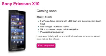 Sony Ericsson Xperia X10 on T-Mobile UK's website