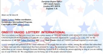 Scammers try to convince people that they have won a fake Yahoo! lottery