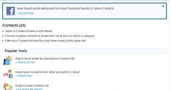 Yahoo Mail's Contacts tab with the Facebook import tool notification
