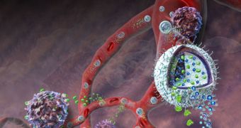 This illustration depicts nanolipogels administering their immunotherapy cargo