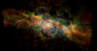 Massive star formation in the galaxy drives tutbulent winds (green and cyan) into the surrounding gas