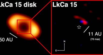 Left: the transitional disk around the star LkCa 15. Right: an expanded view of the central part of the cleared region, illustrating a composite of two reconstructed images for LkCa 15