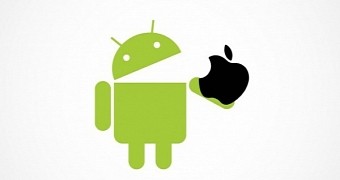 An Android trying to eat an Apple
