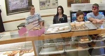 Ariana Grande in a California donut shop, licking the donuts on display when she thought no one was watching