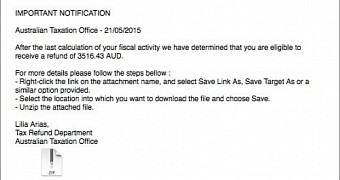 Malicious email pretending to be from the Australian Taxation Office