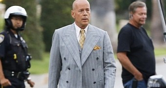 Bruce Willis in character, on his first and final day on the set of the new Woody Allen film