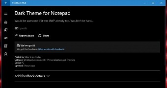 Feedback Hub submission for Notepad with dark theme