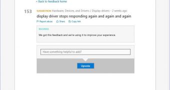 Driver reports posted in the Windows 10 Feedback app